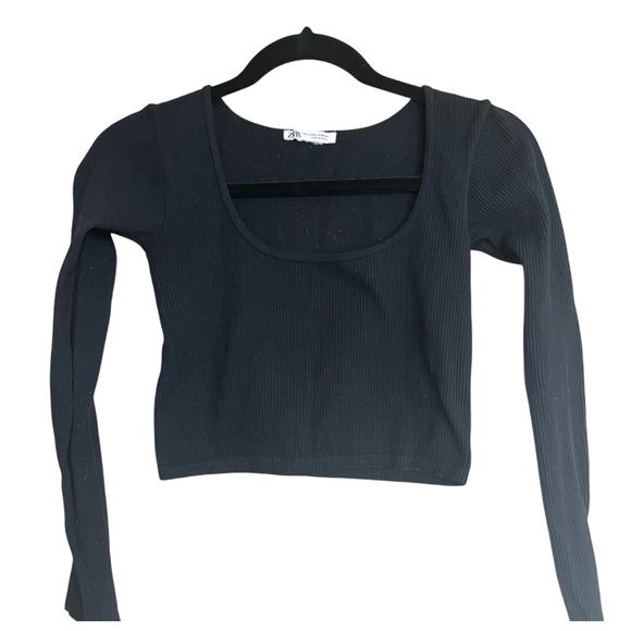Zara Cropped Ribbed Stretch Tee Scooped Neck Black Size Large - Picture 2 of 4